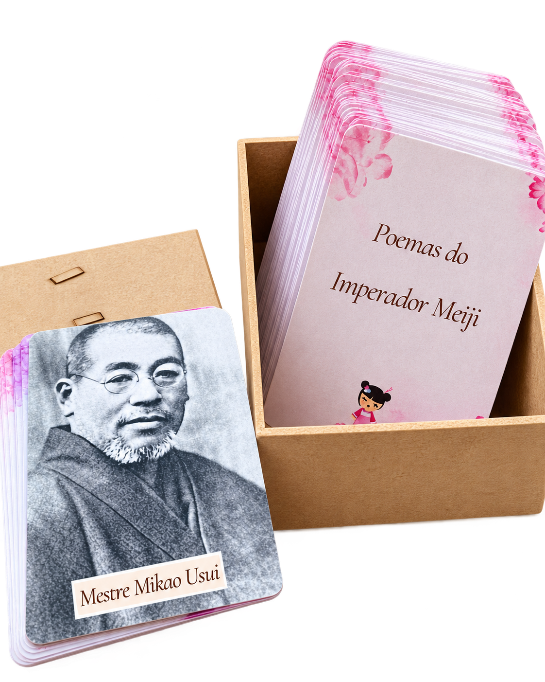 Cartas dos Poemas do Imperador Meiji e a carta com o retrato de Mestre Mikao Usui, na caixa da obra